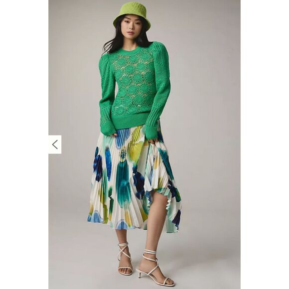 Green Joie Merino Wool Puff-Sleeve Crochet Open-Stitch Crewneck Sweater (NWT) - Picture 1 of 5